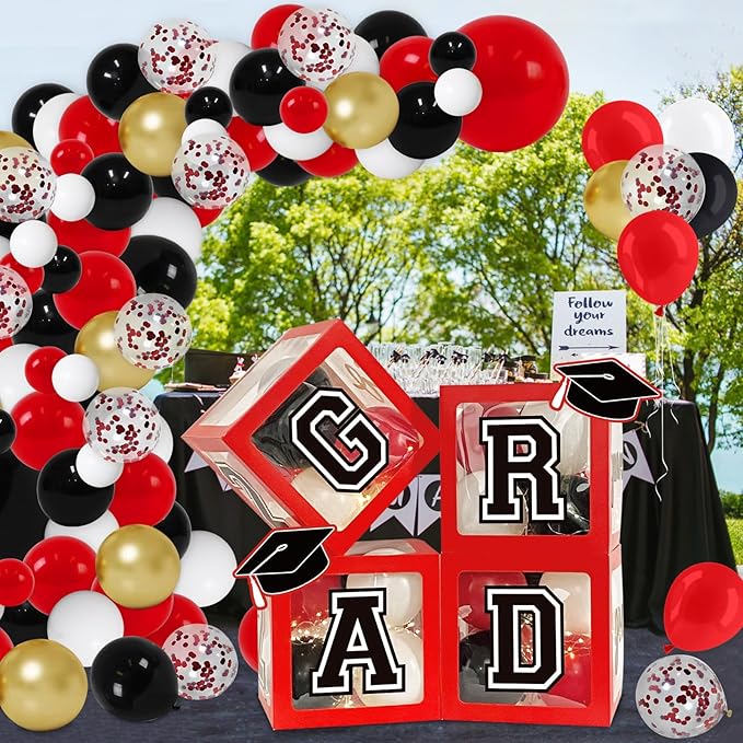 DAZONGE Graduation Decorations 2026, Set of 4 Red Grad Balloon Boxes with 139pcs Balloon Arch Garland Kit & 4 Light Strings - So Proud of You 2026 Graduation Decorations for Any Grades