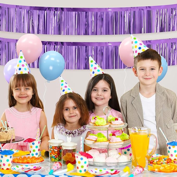 4 Packs Foil Fringe Garland Tinsel Streamers Shiny Wall Hanging Birthday Banner Backdrop for Graduation Wedding Anniversary Celebration Happy Birthday Party Decorations Light Purple