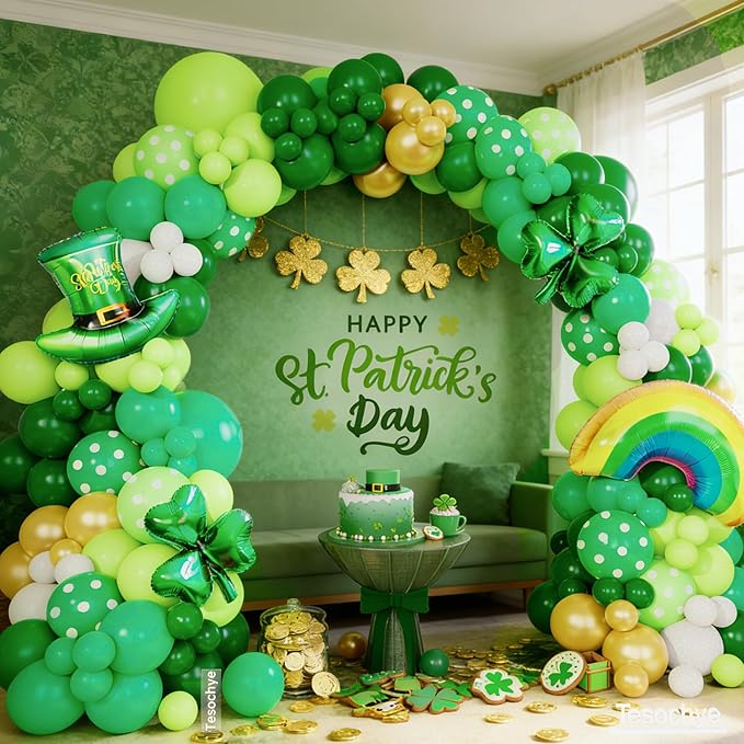 St. Patrick's Day Balloon Garland Arch Kit,Green Gold White Balloons Lucky Shamrock Clover Rainbow Hat Foil Balloons for Happy St. Patrick's Day Decorations Irish Festival Birthday Party Supplies
