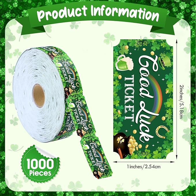 Cholemy 1000 Pcs St. Patrick's Day Party Favors Shamrocks Raffle Tickets Roll Green Numbered Door Drinks Game Ticket for Irish Saint Patty's Day Carnival Party Decorations Supplies(Luck Shamrocks)