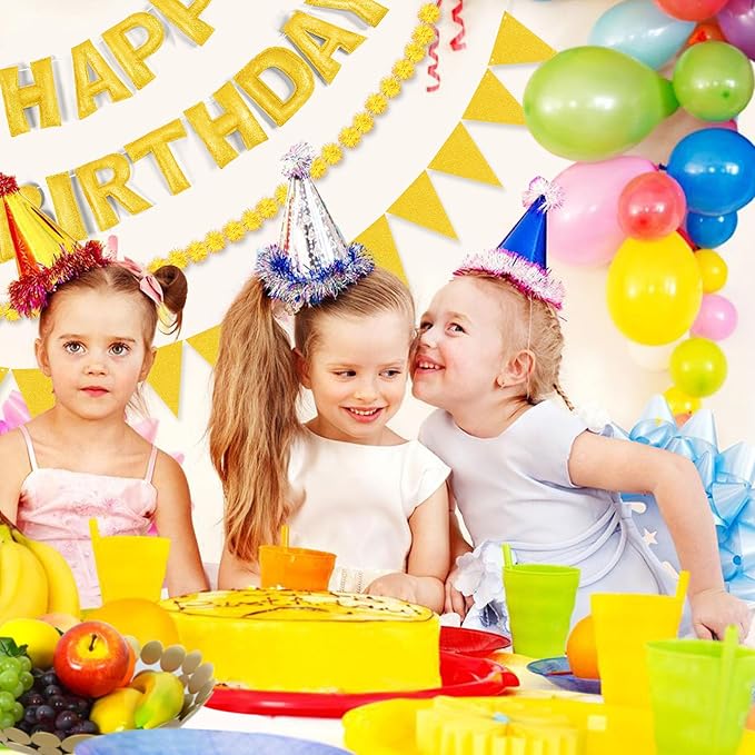 CANREVEL Pre-Strung 3D Happy Birthday Banner, 3 PCS Gold Happy Felt Garland, Pom Pom Garland, Triangle Fabric Bunting, Reusable Gold Birthday Decorations for Women Men Girls Boys