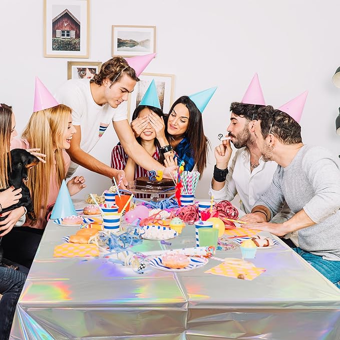 3pcs Iridescence Holographic Foil Tablecloth 54*72 inch Laser Shiny Plastic Birthday Party Table Cloths Waterproof Table Cover for Christmas Wedding Bridal Shower Anniversary Party Supplies
