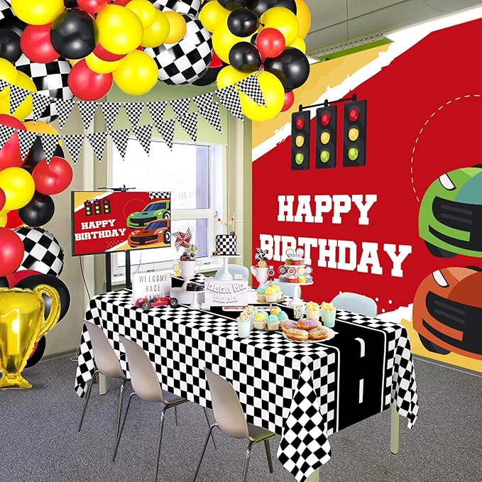 WNINK 4 Pack Race Car Table Cloth Black and White Gingham Tablecloths Disposable Plastic Buffalo Check Tablecloth Checkered Flag Covers for Birthday, Outdoor Picnic, Birthday, Camping 54 × 108 Inch