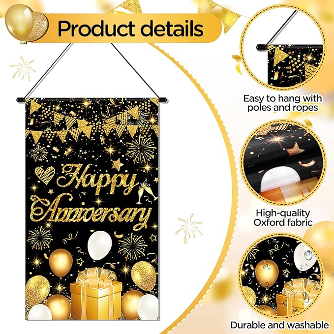 Anniversary Party Decorations Black Gold Happy Anniversary Door Banner Sign Small Wedding Anniversary Door Hanging Banner Porch Front Door Decor for Men Women Anniversary Cruise Door Sign Supplies