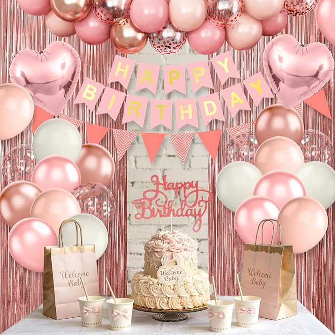 Dusty Pink Birthday Decorations,Happy Birthday Banner Pink Rose Gold Sand Boho Balloons Fringe Curtain Heart Foil Balloons for Women Girl Boys Baby Shower