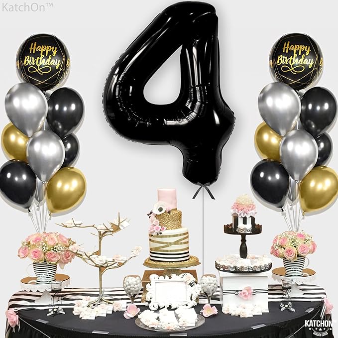 KatchOn, Black Number 4 Balloons - Giant, 40 Inch | Black 4 Balloon Number, 4th Birthday Decorations Boy | 4 Year Old Balloon, 4th Birthday Decorations for Boys | Spooky Birthday Party decorations