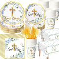 Pickmesh 194 Pcs God Bless Baptism Party Decoration Boy for 24, Blue Floral Baptism Paper Plate Napkin Cup Tablecloth Cutlery First Holy Communion Tableware for Christening Baby Shower Supplies