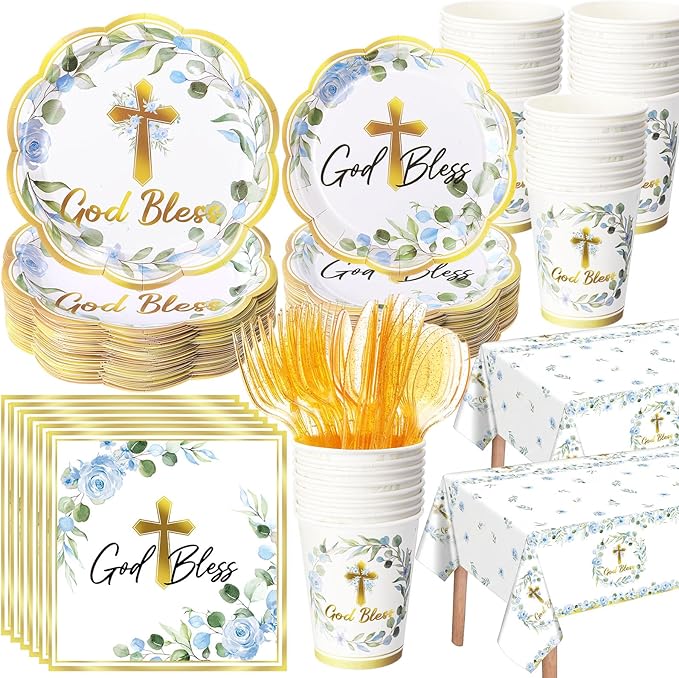 Pickmesh 194 Pcs God Bless Baptism Party Decoration Boy for 24, Blue Floral Baptism Paper Plate Napkin Cup Tablecloth Cutlery First Holy Communion Tableware for Christening Baby Shower Supplies