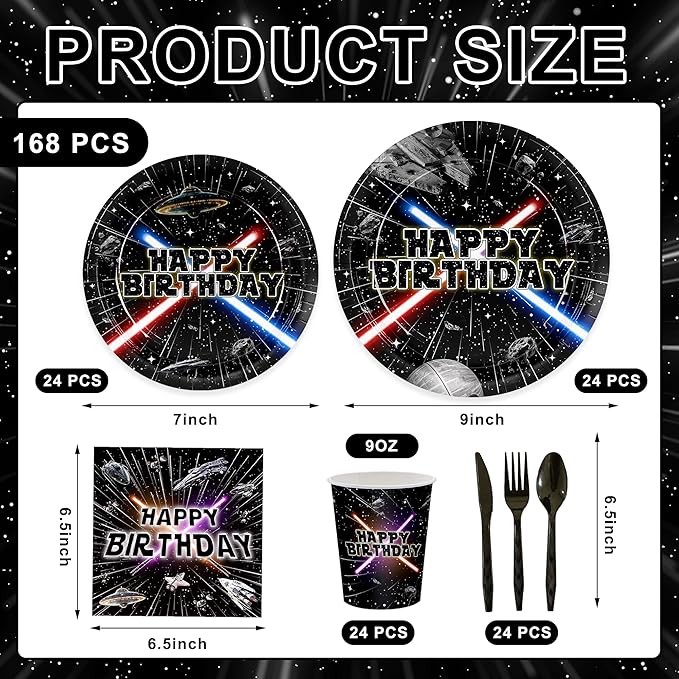 168pcs Galaxy Birthday Party Plate Napkin Disposable Tableware Set Paper Cup Black Forks Space Theme Decorations for Birthday Party Supplies Serve 24 Guests