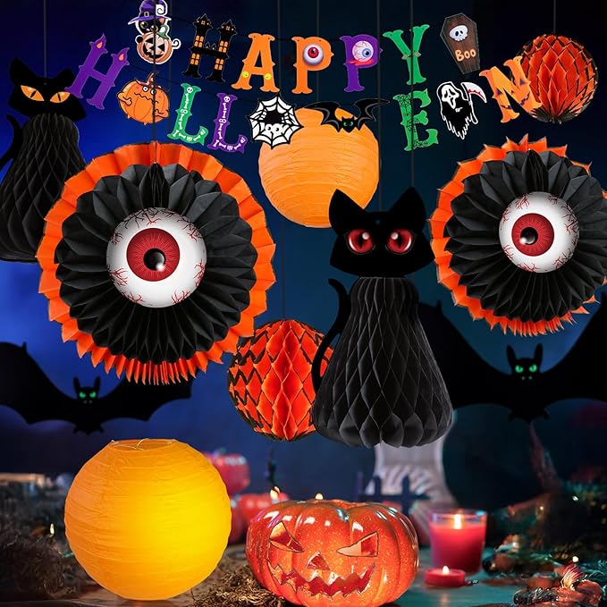 UNIQOOO Halloween Paper Lantern Decorations Set, 11 Pieces with Black Cat, Eyeball, Bat Designs and Banner, Indoor Party Props, 6"-12"