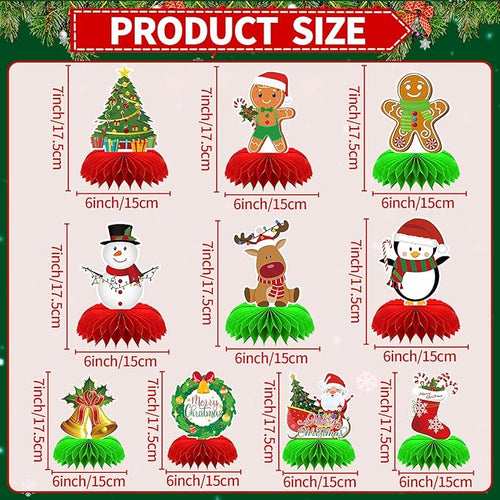 10 Pieces Christmas Honeycomb Centerpiece, Gingerbread Man Snowman Santa Honeycomb Centerpieces Christmas Party Birthday Home Table Toppers Double Sided Decorations