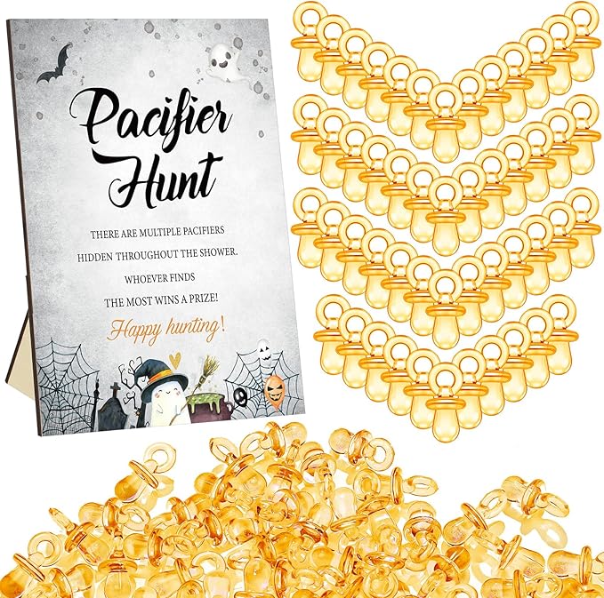 Thyle 51 Pcs Pacifier Hunt Baby Shower Games Include Hunt Sign and 50 Acrylic Pacifiers for Baby Shower Game Decoration Gift Sets Gender Reveal Party Decor(Halloween)