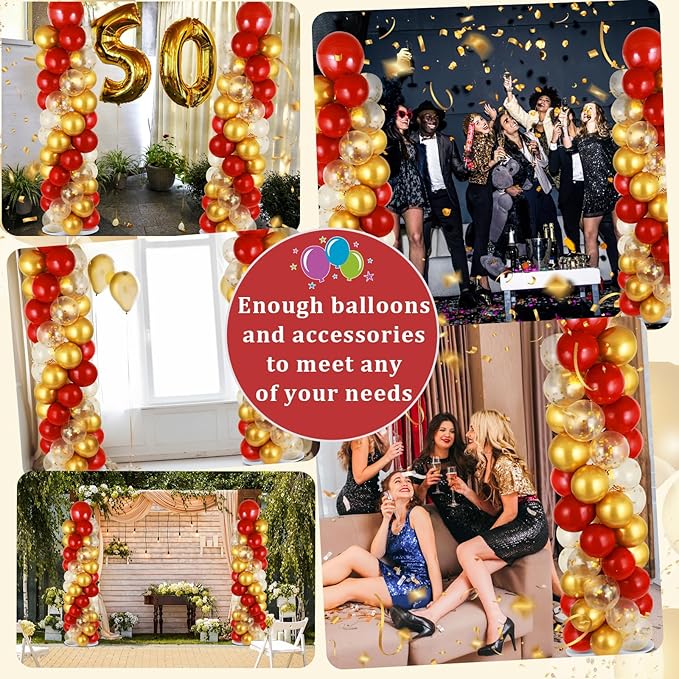 2 Sets Red Gold Balloon Column Stand Kit with 100 Balloons Adjustable Balloon Tower Stand with Bases for Floor Red Gold Confetti Balloon Column Kit for Valentine's Day Sport Birthday Wedding Party
