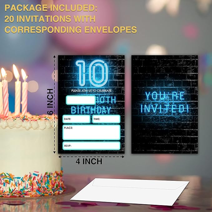 Neon Light 10th Birthday Invitations Cards, 4"x 6" Tenth Birthday Party Invites with Envelopes for Party Decorations Supplies(20 Pieces) -D24