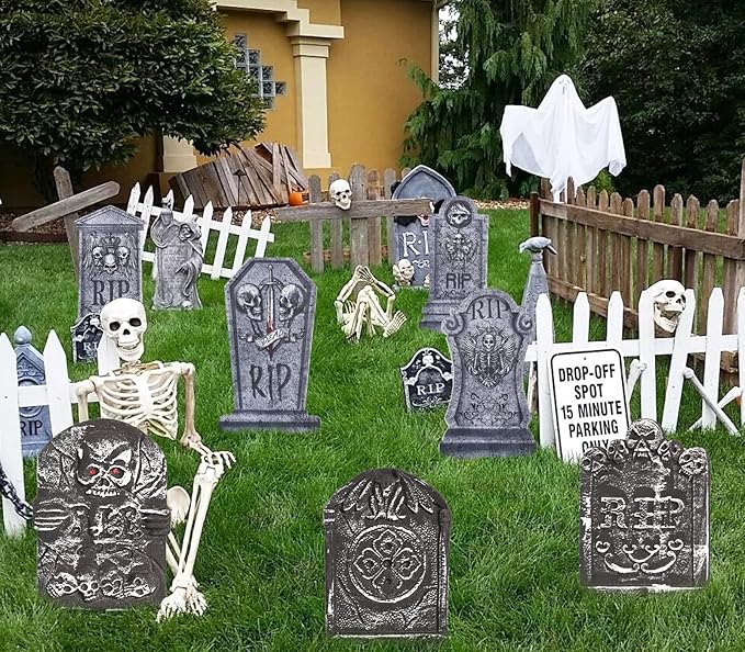 3 Pcs Halloween Tombstones Decoration with Green Lights, Blue Lights, Plastic RIP Grave Yard Signs Outdoor Garden Party Decor