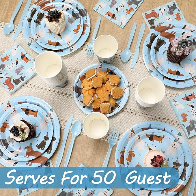 Jinei 350 Pcs Dog Birthday Party Supplies Blue Dog Tableware Set Serves 50 Guests Puppy Birthday Decorations Includes Puppy Plates Cups Napkins Forks Knives Spoons for Party Supplies