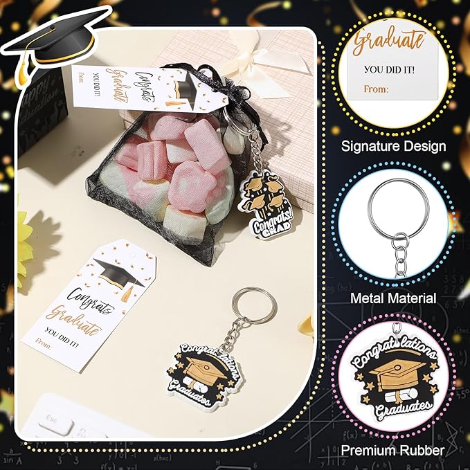 24 Set Graduation Keychain 2026 for Students Bulk Class of 2026 Grad Keychain Gift with Tags and Organza Bags for School Graduation Classroom Exchange Gifts, Teacher Student Award Party Favors