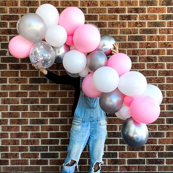 Pink and Silver Balloon Arch Kit, Metallic Silver Macaron Pink Balloon Garland Kit, Helium Latex Balloons Different Sizes for Wedding Bridal Shower Baby Shower Party Decorations