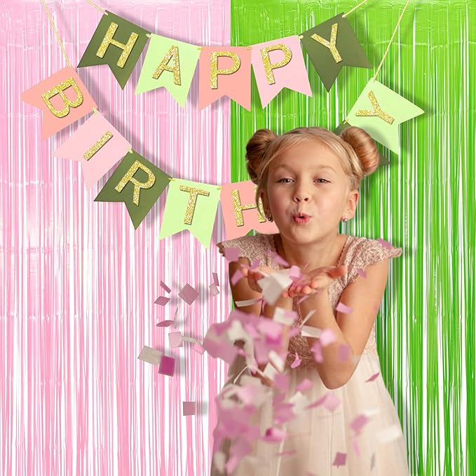 BRAVESHINE Party Streamers Backdrop - 2 Pack 3.2ft X 8.2ft Tinsel Foil Fringe Curtains for Margarita/Witch/Luau/Princess/Fairy/Girl/Birthday/Wizard/Photo Booths/Pink and Green Party Decorations