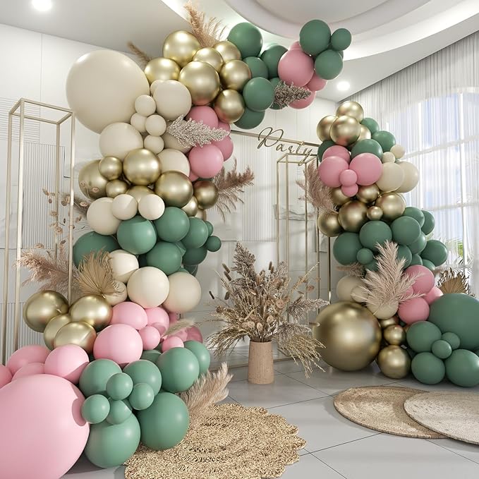Sage Green Pink White Gold Balloons Garland Arch Kit, 160Pcs Olive Green Blush Pink White Sand Metallic Gold Balloons for Baby Shower Wedding Birthday Jungle Safari Woodland Party Decorations