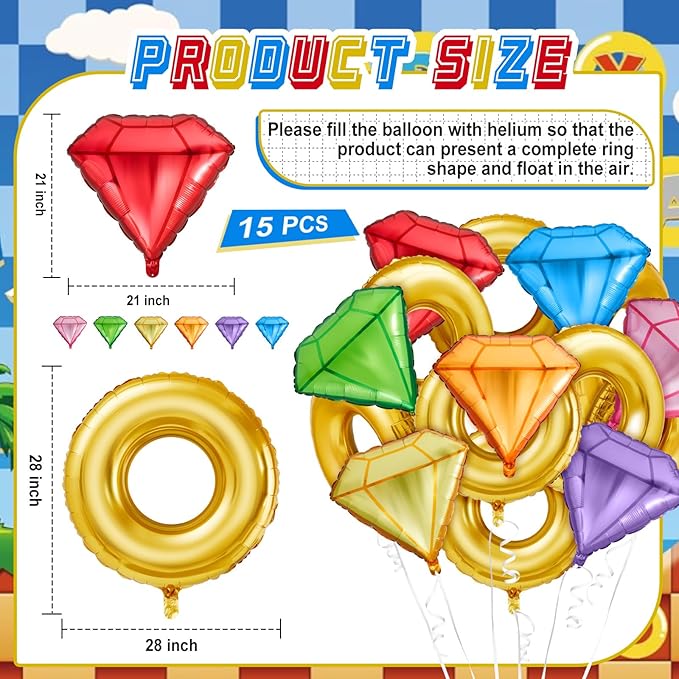 15 Pack Gold Ring and Chaos Gem Birthday Party Balloon Set Cartoon Characters Themed Party Decor Foil Large Balloons for Cartoon Carnival Theme Birthday Decorations