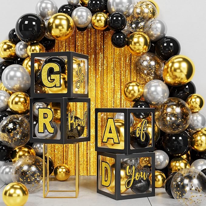 Graduation Party Decoration Class of 2026, 86PCS Black & Gold Graduation Party Supplies High School College Grad Balloon Boxes with Letter, Foil Curtains, LED String Light, Balloon Garland Kit