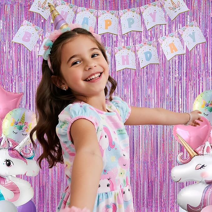 Shimmering Purplish Pink Foil Fringe Curtains for Party Decor - Tinsel Backdrop for Photoshoot, Party Wall Decor with Glitter Streamers for Weddings, Baby Showers, Birthdays & Stage Events