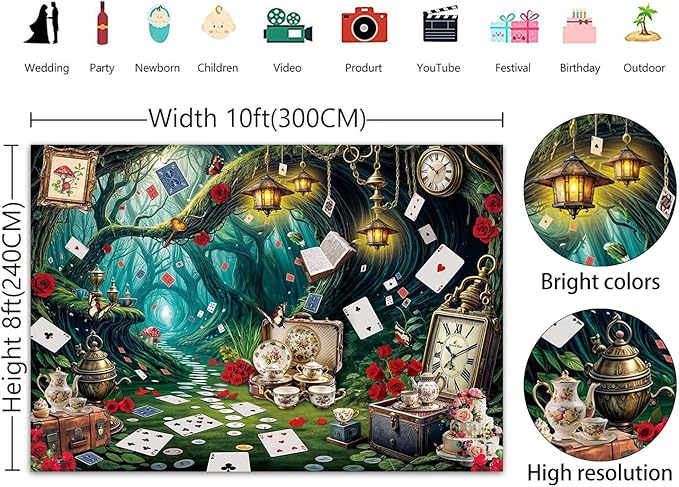 Wonderland Tea Party Backdrop Green Leaves Checkerboard Photography Background Wonderland Girls Kids Birthday Party Party Decoration Banner Supplies (120x96inch (10x8FT))