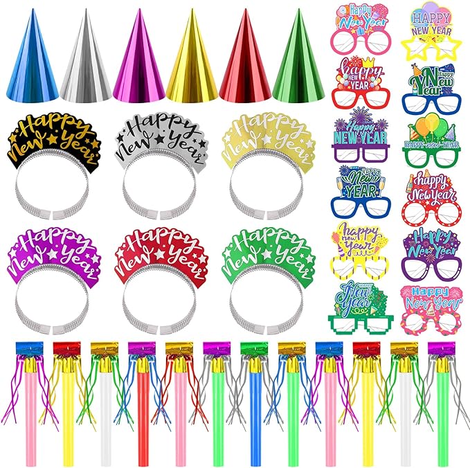 Openfly 36Pcs New Years Eve Party Supplies 2026 Happy New Year Hats Headband Tiara Noise Makers Paper Glasses Party Favors