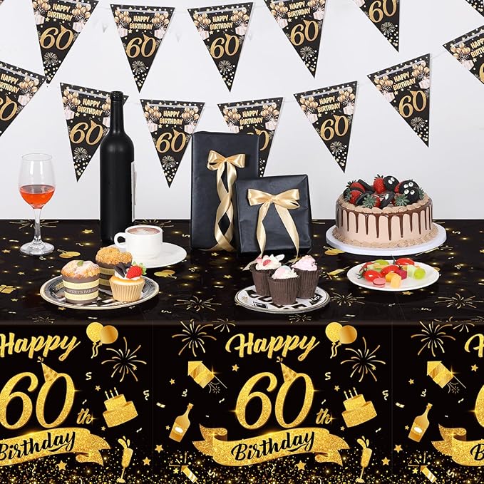 3 Pack 60th Birthday Plastic Tablecloth, 54x108 Inch Black Gold Disposable Rectangle Table Cover Waterproof Table Cloth for Birthday 60 Anniversary Party Supplies