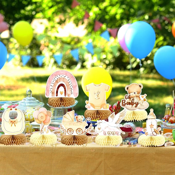 8Pcs Bear Baby Shower Decorations Honeycomb Centerpieces for Girl, Confetti Baby Shower Table Decorations Birthday Party Table Centerpieces Toppers Party Decor (Pink)