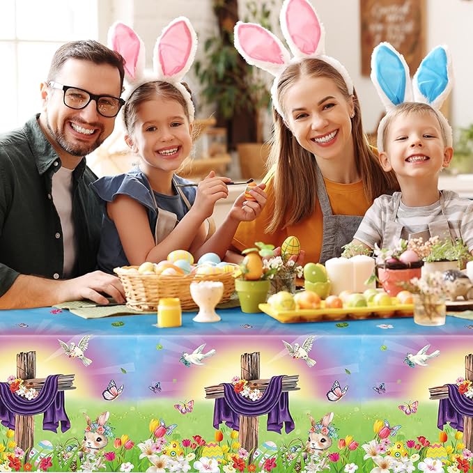 2 Pack Easter He is Risen Tablecloth - Spring Flower Christian Cross Table Cloth, Plastic Disposable Rectangle Religious Easter Bunny Eggs Table Cover for Tables Decorations and Party Decor,108x54Inch