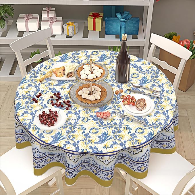 Yellow and Blue Floral Tablecloth Round 70 Inch Farmhouse Boho Tablecloth Spring Summer Fabric Table Cloth With Wrinkle Resistant For Kitchen Holiday Picnic Party Dinner Room Indoor Outdoor Decor