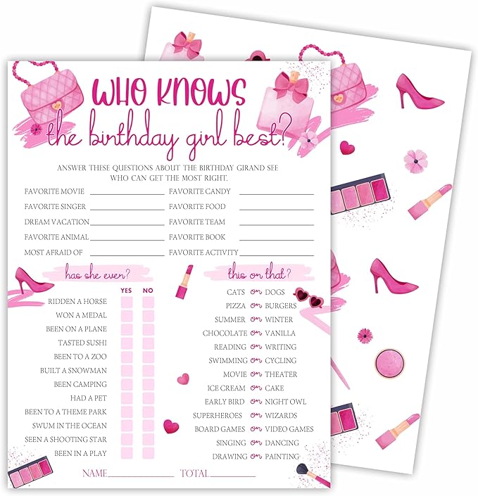 6"X8" Who Knows The Birthday Girl Best - Watercolor Girl's Accessories - Funny Double-Sided 3-in-1 Game Card Set For Girls Birthday Party, Sleepover Party Activities, Favor & Supplies (20 Pcs)- A07