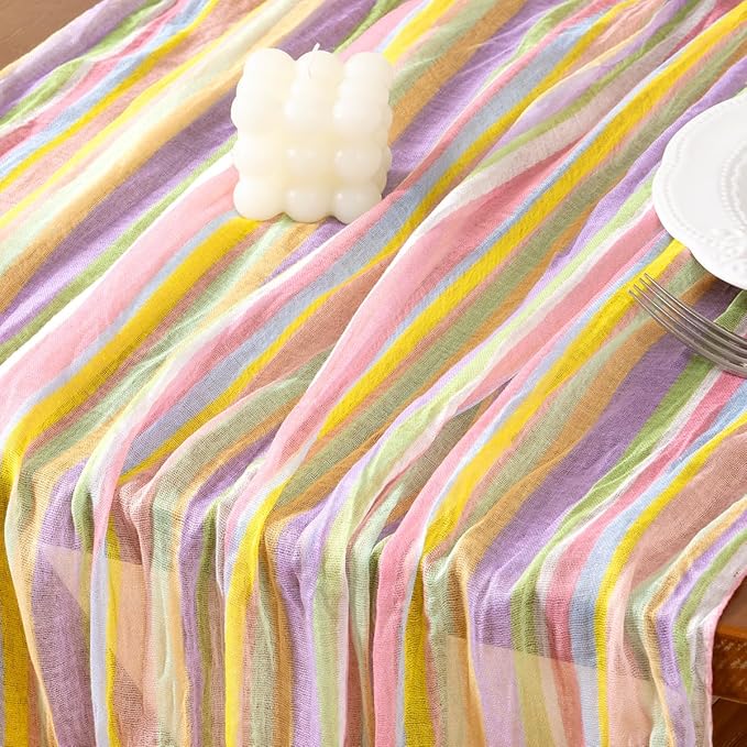 Socomi 3pcs Easter Stripe Cheesecloth Table Runner Gauze 120 Inch Rustic Boho Cheese Cloth Runner for Wedding Party Baby Bridal Shower Centerpiece Decoration Holiday Home Decorations