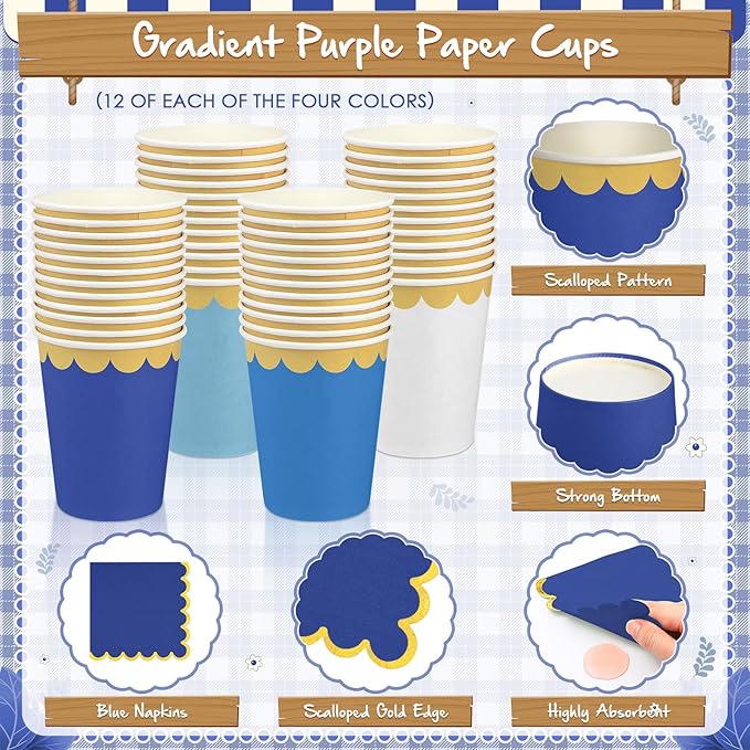Mimorou 338 Pcs Blue Plates and Napkins Party Supplies for Guests Blue Tableware Include Scalloped Plates Paper Napkin Cup Spoon Fork Knife for Baby Shower, Wedding, Birthday