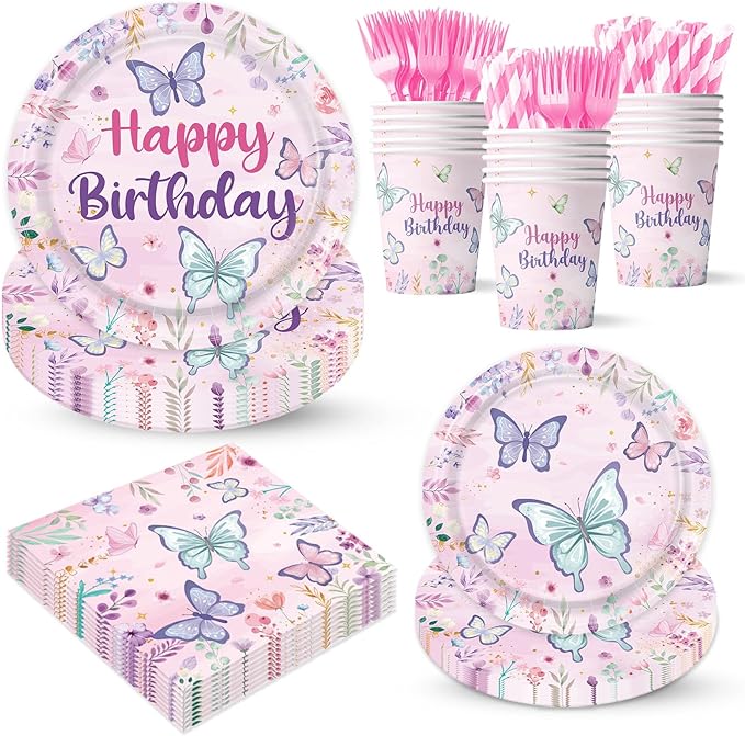 Spring Butterfly Themed Party Decorations Supplies Butterfly Flower Themed Party Tableware Set Include Plates, Cups, Napkins,Cutlery and Straw for Gril Birthday Party Decorations Serves 24