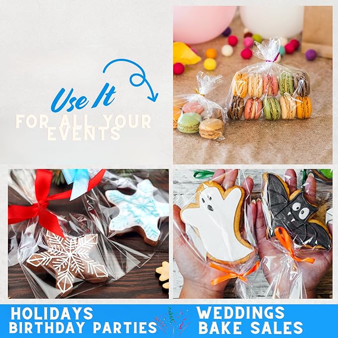 TATTI 200 Pack Clear Cellophane Bags for Favors - Transparent Goodie Bags for Birthday Party, 6x9 Inch Clear Bags with 5-Inch Twist Ties - Candy, Treat, Cookie Bags for Gift Giving
