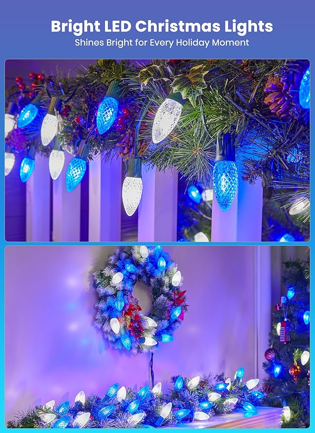 C9 LED Christmas Lights Outdoor with stakes, 25.7ft 20 LED Strawberry String Lights, Connectable Shatterproof Pathway Lights Marker for Path, Lane, Patio, Xmas Holiday Decorations, Blue and White
