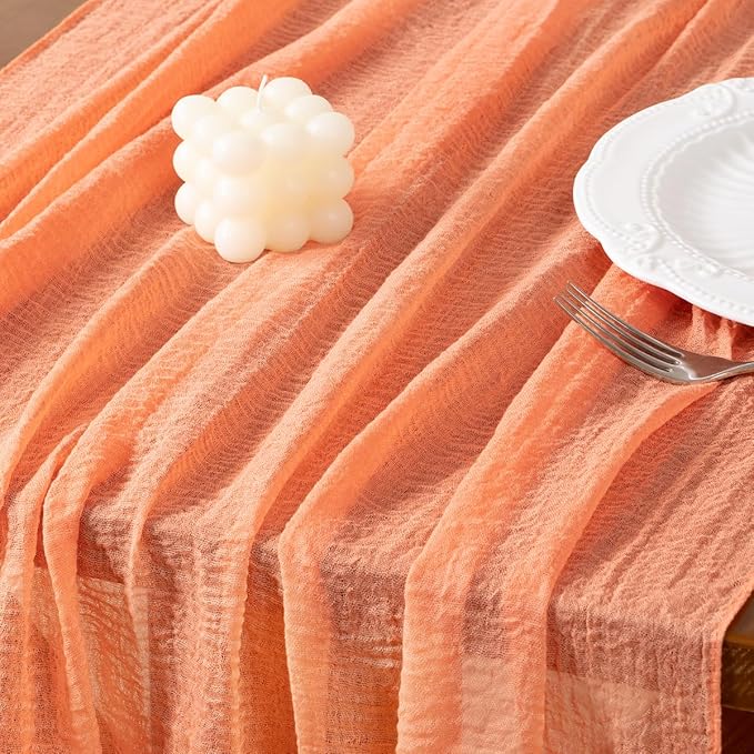 Socomi Peach Orange Easter Spring Gauze Cheesecloth Table Runner 120 Inch Rustic Boho Cheese Cloth Runner for Wedding Party Baby Bridal Shower Centerpiece Decoration Holiday Home Decorations