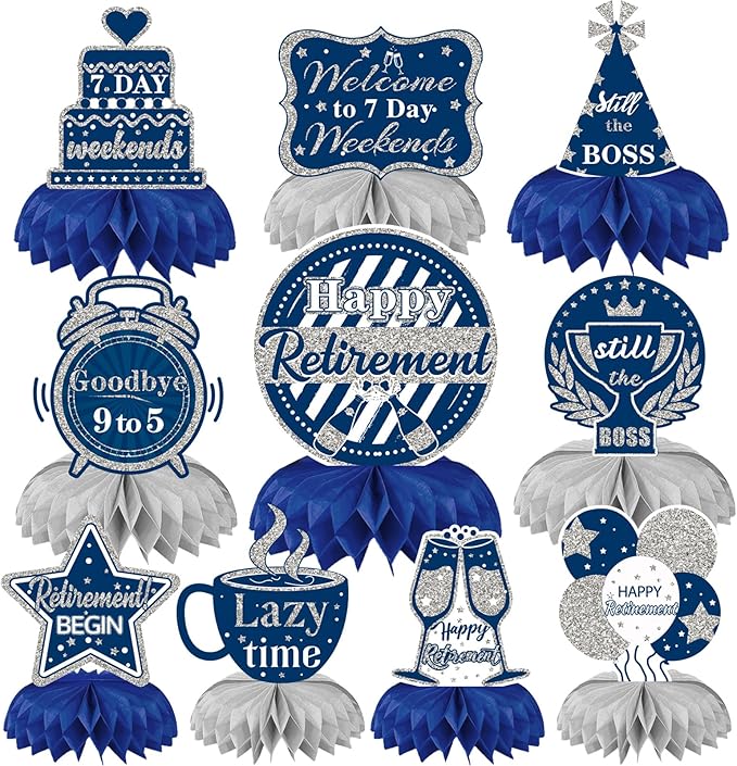 10 Pcs Retirement Party Decorations, Blue Silver Retirement Table Honeycomb Centerpieces Happy Retirement Table Topper for Men Women Happy Retirement Decorations for Party Supplies