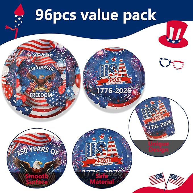 Probsin 250th Anniversary Plates and Napkins Set for 24-Disposable Paper Plates, Napkins, Cups, 250 Years of Freedom 1776-2026 American Eagle Patriotic Party Supplies for Outdoor Picnic