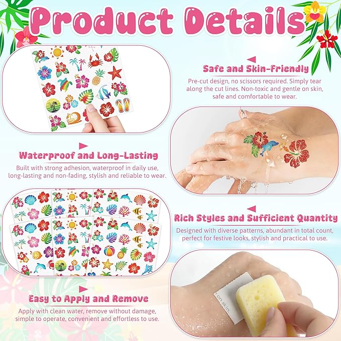 150 PCS Glitter Hawaiian Temporary Tattoos, 6 Pre-Cut Sheets of Hawaiian Party Decorations, Summer Accessories with Hibiscus Crab Designs, Palm Tree Decor for Women Men Flamingo Party Favors