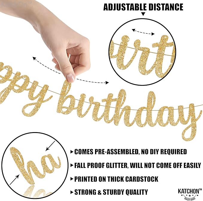 KatchOn, Glitter Cursive Gold Happy Birthday Banner - Pre-Strung, 10 Feet | Birthday Decorations for Women, Men, Boys and Girls | Hbd Banner Backdrop For Birthday Party Decorations | Gold Happy Birthday Sign