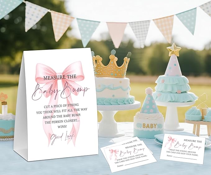 Pink Bow Measure the Baby Bump Game, Baby Shower Game, Include One 5×7 Sign and 50 Guessing Cards, Pink Coquette Bow Gender Reveal Party Decoration Supplies - FI01
