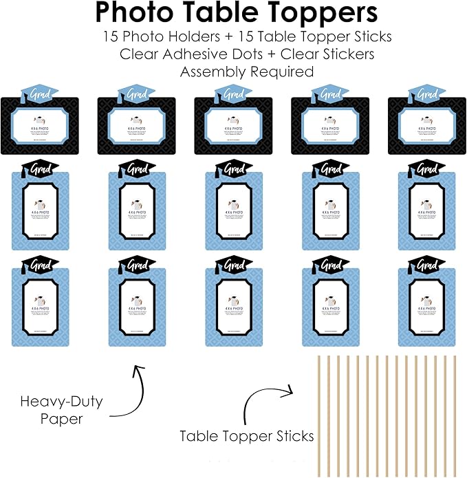 Big Dot of Happiness Light Blue Graduation Photo Display Centerpiece Kit - 15 Double-Sided Photo Table Topper Sticks, Vertical and Horizontal 4x6 Picture Holders, DIY Party Decoration Set