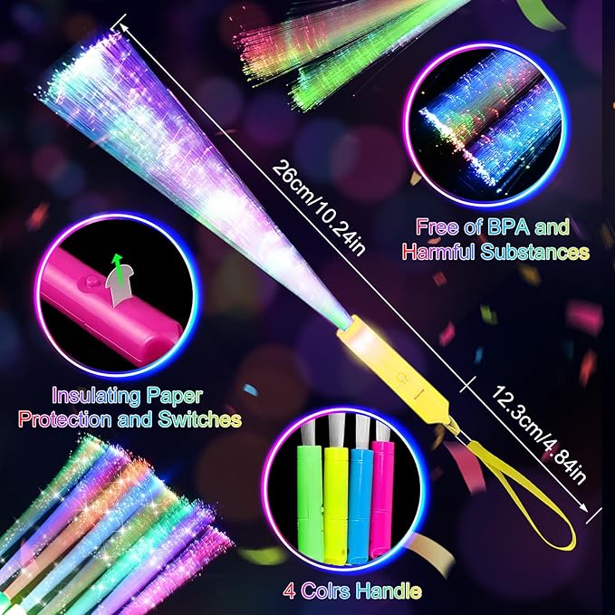 74 PCS Glow Fiber Wands Sticks, LED Light Wands, Glow in the Dark Party Supplies, Fiber Optic Wands, LED Flashing Sticks, Fiber Optic Light Wand Stick for Party, Wedding,Halloween and New Year