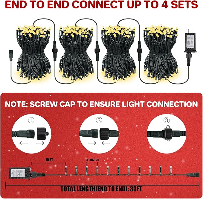 Christmas Lights Outdoor 100LED 33FT, Green Wire Connectable Christmas String Lights | 8 Modes Twinkle Fairy Lights Plug in with Timer, for Indoor Outside Xmas Trees Garden Party, Warm White