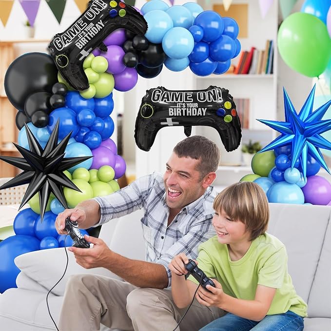 Video Game Balloon Arch Garland Kit, Blue Purple Green Black Party Balloons with 2 pcs Game Handle Foil Balloons for Video Game Theme Birthday Party Boys Game Night Decor
