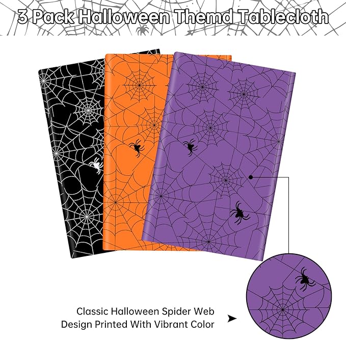 3 Pcs Halloween Tablecloth - Multicolor Spider Web Table Cloths, Disposable Rectangle Plastic Spiderweb Table Cover for Halloween Party Decorations Supplies Favors Tables Decor, 108 x 54 Inch
